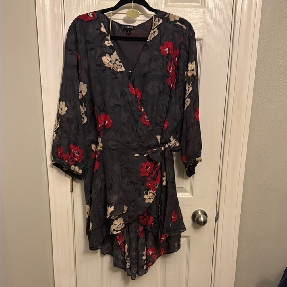 Torrid Red and Pink Wrap Sundress with Bishop Sleeves